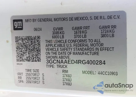 2024 Chevrolet Silverado 1500 2Wd Long Bed Wt из США, поврежденный, VIN 3GCNAAED4RG400284